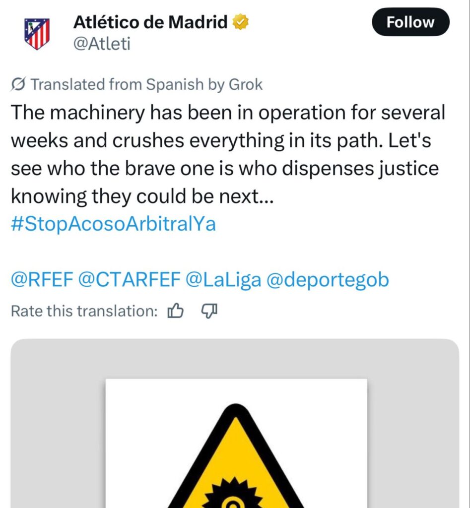 Atlético Madrid podpora rozhodčích (zdroj: x.com)